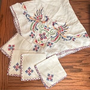 Embroidered White handkerchiefs and scarf with Red and Blue Accents